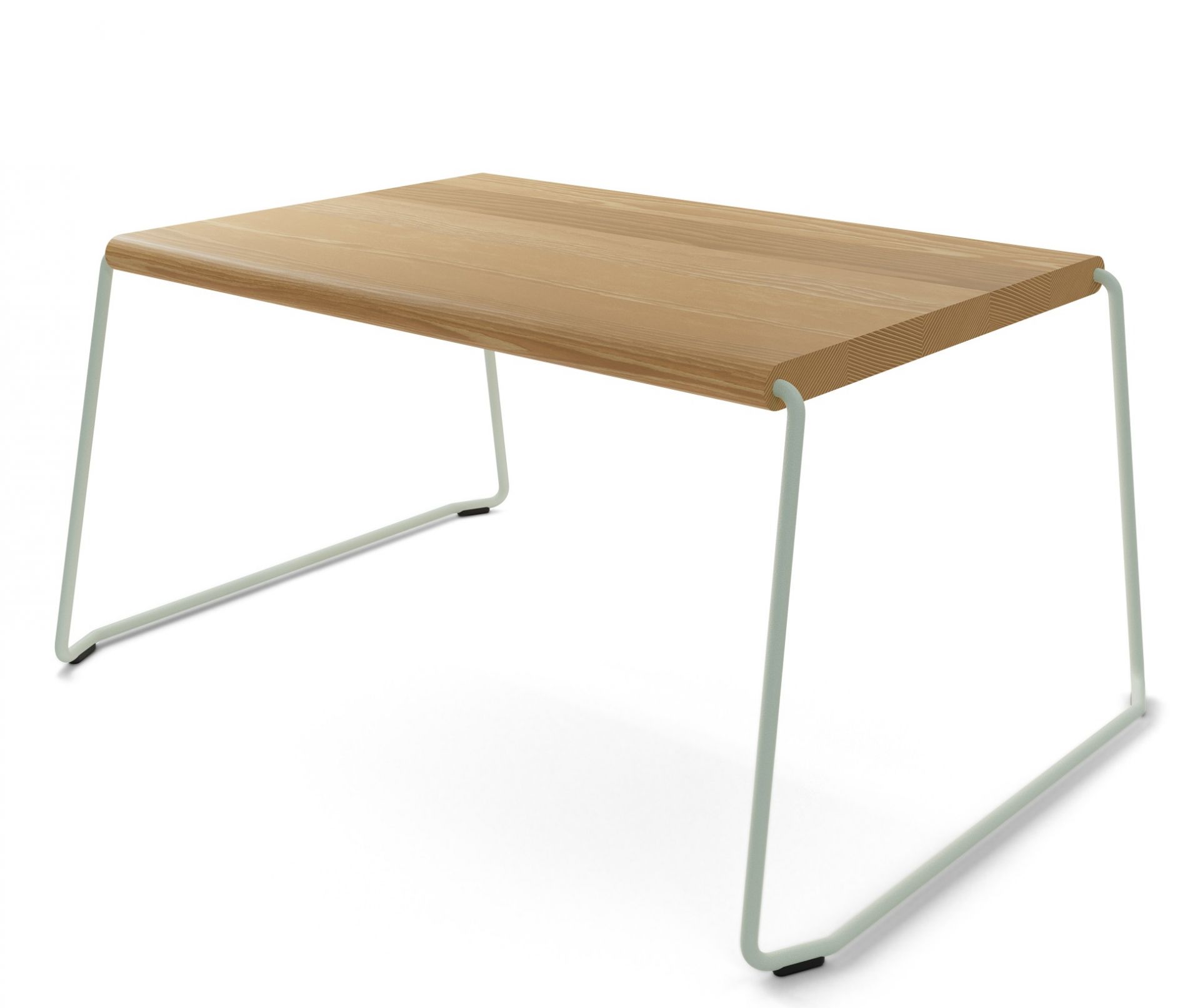 D:009 Coffeetable Fuchs & Habicht: Moderner Couchtisch aus Holz mit filigranem, hellgrünem Metallgestell.